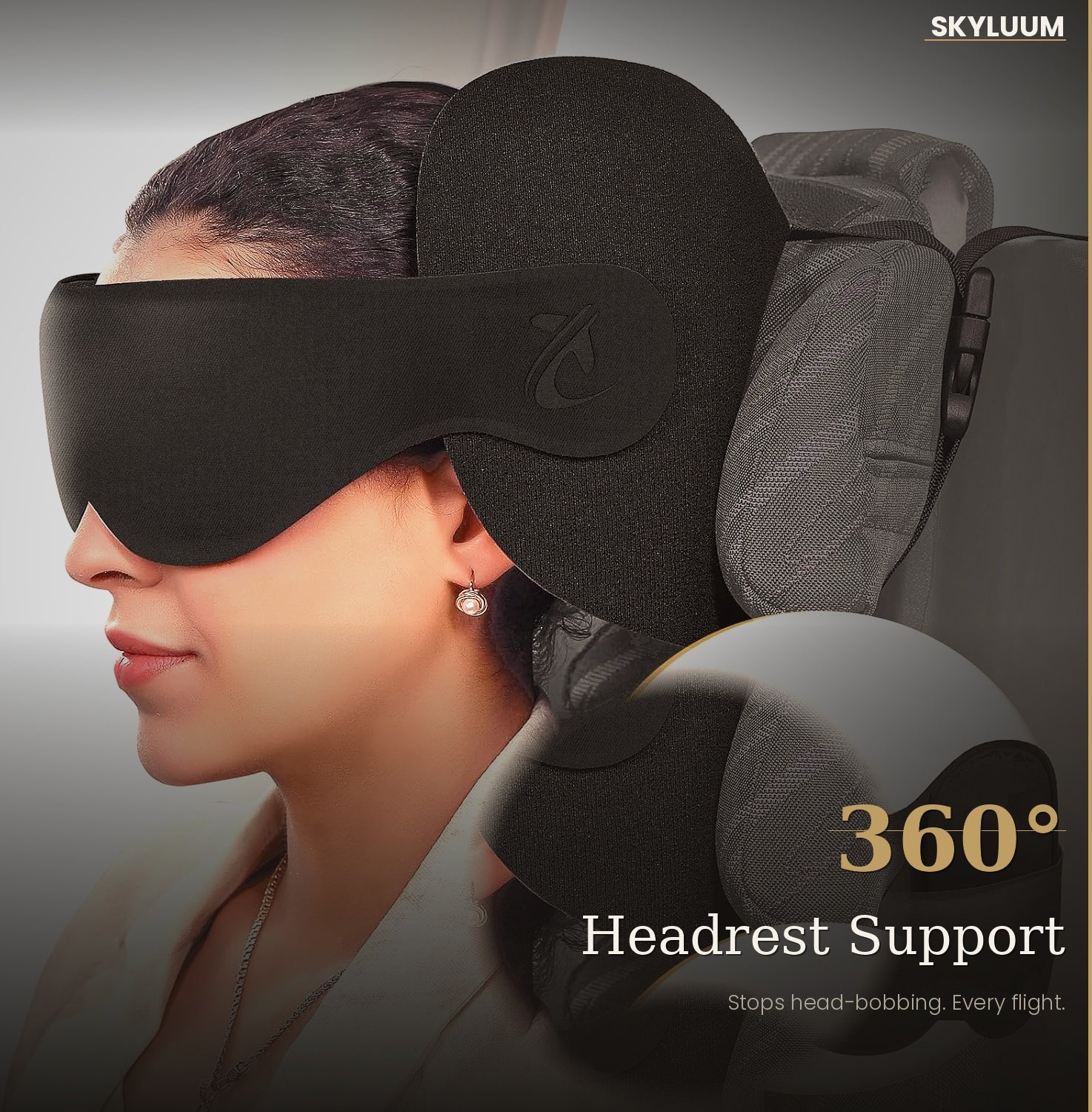 Midnight Black Skyluum Travel Neck Pillow with 3D Eye Mask — 360° Headrest Support, Stop Bobblehead, Long Flights & Road Trips