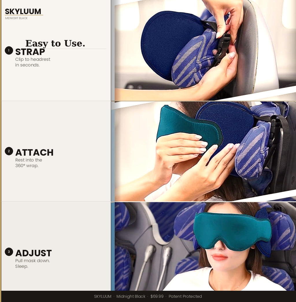 Midnight Black Skyluum Travel Neck Pillow with 3D Eye Mask — 360° Headrest Support, Stop Bobblehead, Long Flights & Road Trips