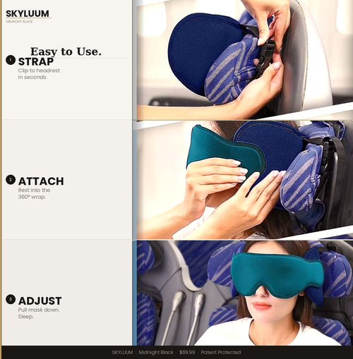 Midnight Black Skyluum Travel Neck Pillow with 3D Eye Mask — 360° Headrest Support, Stop Bobblehead, Long Flights & Road Trips
