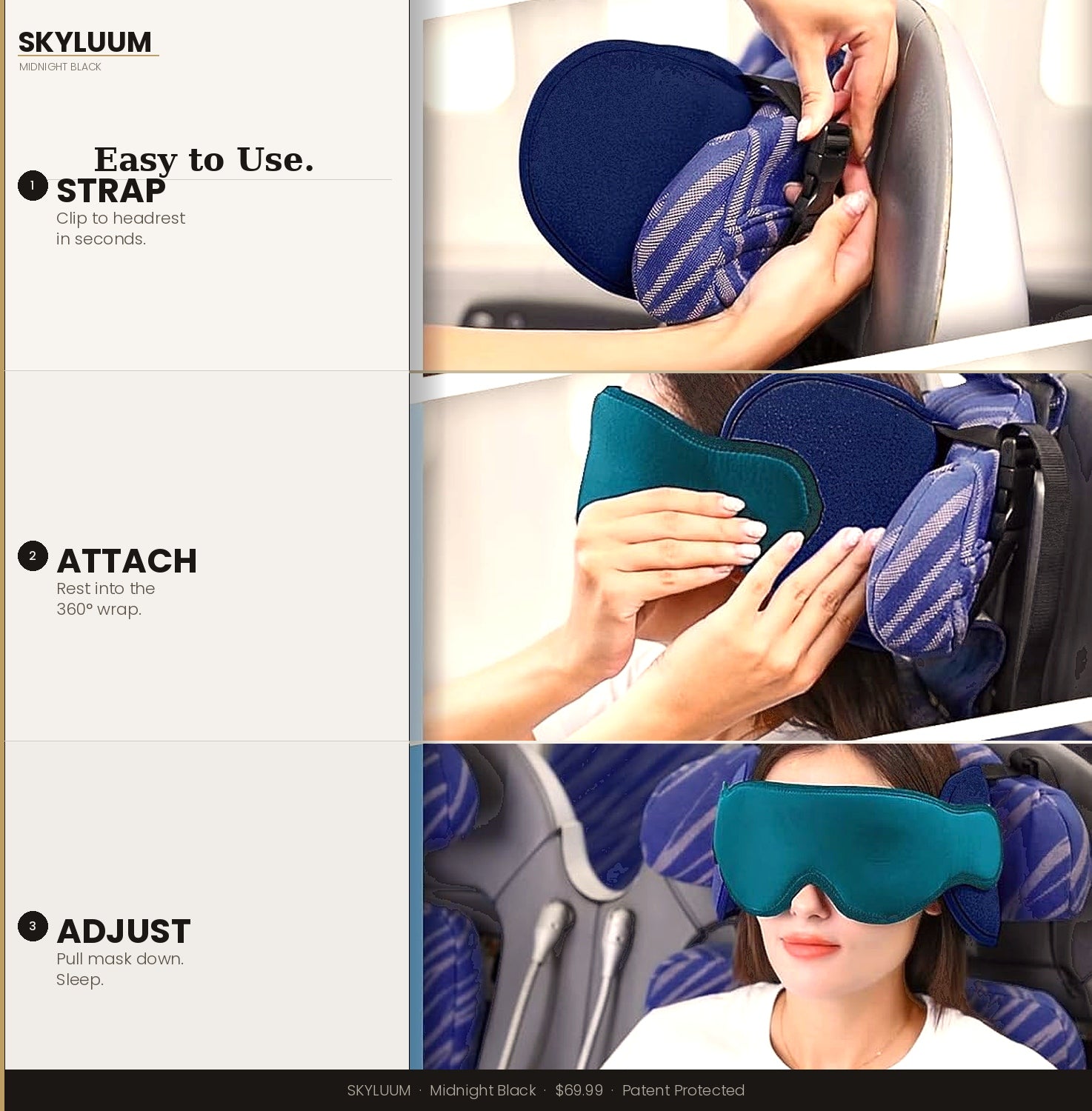 Midnight Black Skyluum™ 360° Travel Sleep Pillow – Stops Head Bobbing, Supports Your Head & Chin, Built-In 3D Eye Mask, Memory Foam Comfort for Flights, Cars & Road Trips