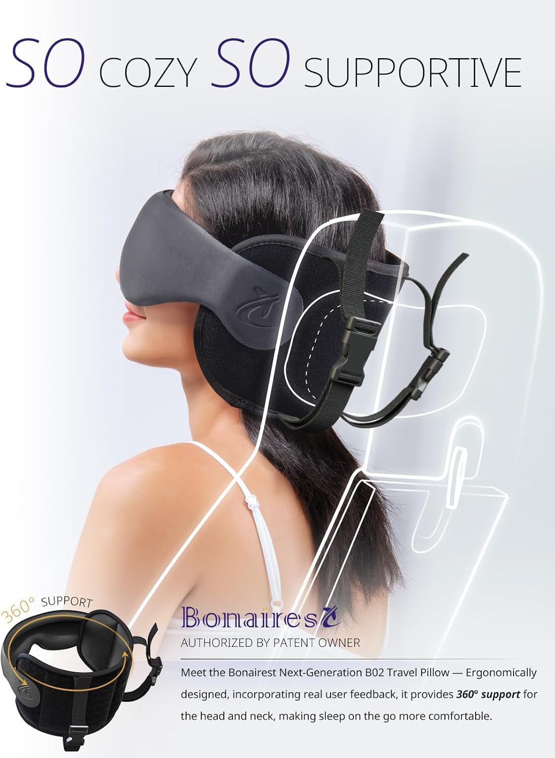 Travel Pillow, Airplane Neck Pillow with 3D Eye Mask for Sleeping, round Edge Plane Head Strap 360°Headrest Support for Long Flight, Stop Bobblehead, Travel Essential for Car Road Trip Grey