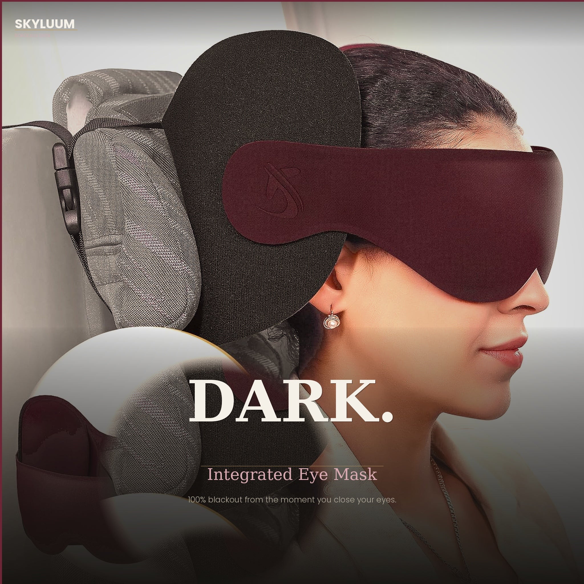 Bordeaux Dusk Skyluum Travel Neck Pillow with 3D Eye Mask  360° Headrest Stop Bobblehead  Long Flights 5+ Hours Car Road Trip