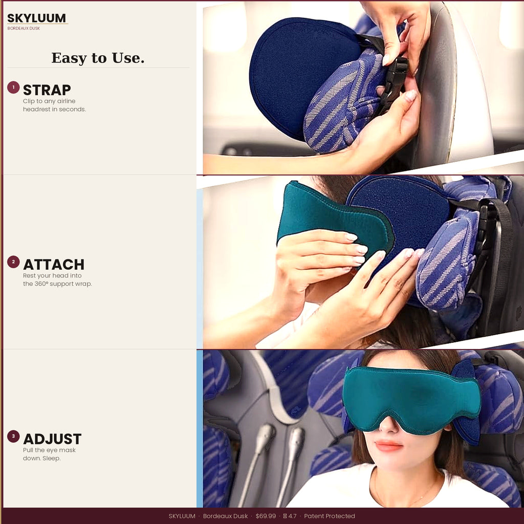 Bordeaux Dusk Skyluum Travel Neck Pillow with 3D Eye Mask  360° Headrest Stop Bobblehead  Long Flights 5+ Hours Car Road Trip