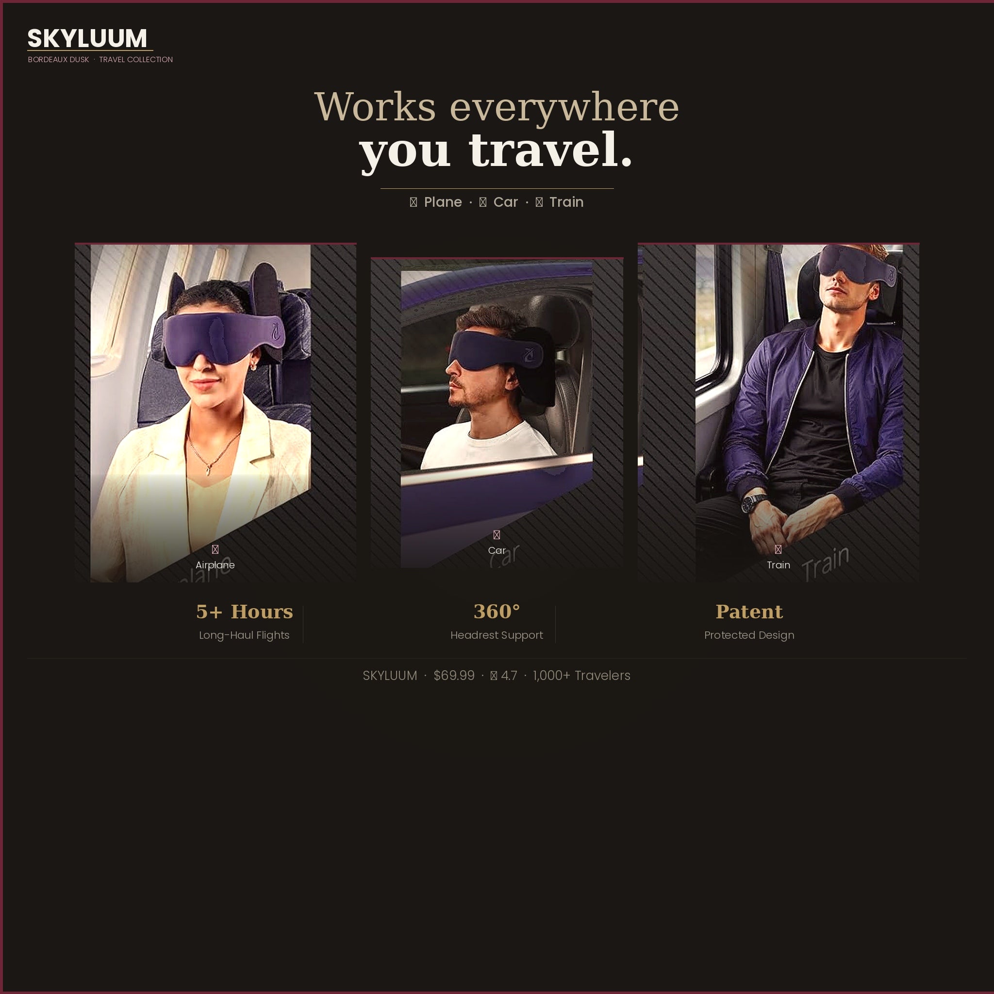 Bordeaux Dusk Skyluum Travel Neck Pillow with 3D Eye Mask  360° Headrest Stop Bobblehead  Long Flights 5+ Hours Car Road Trip