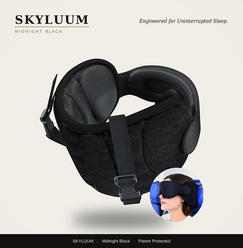 Midnight Black Skyluum™ 360° Travel Sleep Pillow – Stops Head Bobbing, Supports Your Head & Chin, Built-In 3D Eye Mask, Memory Foam Comfort for Flights, Cars & Road Trips