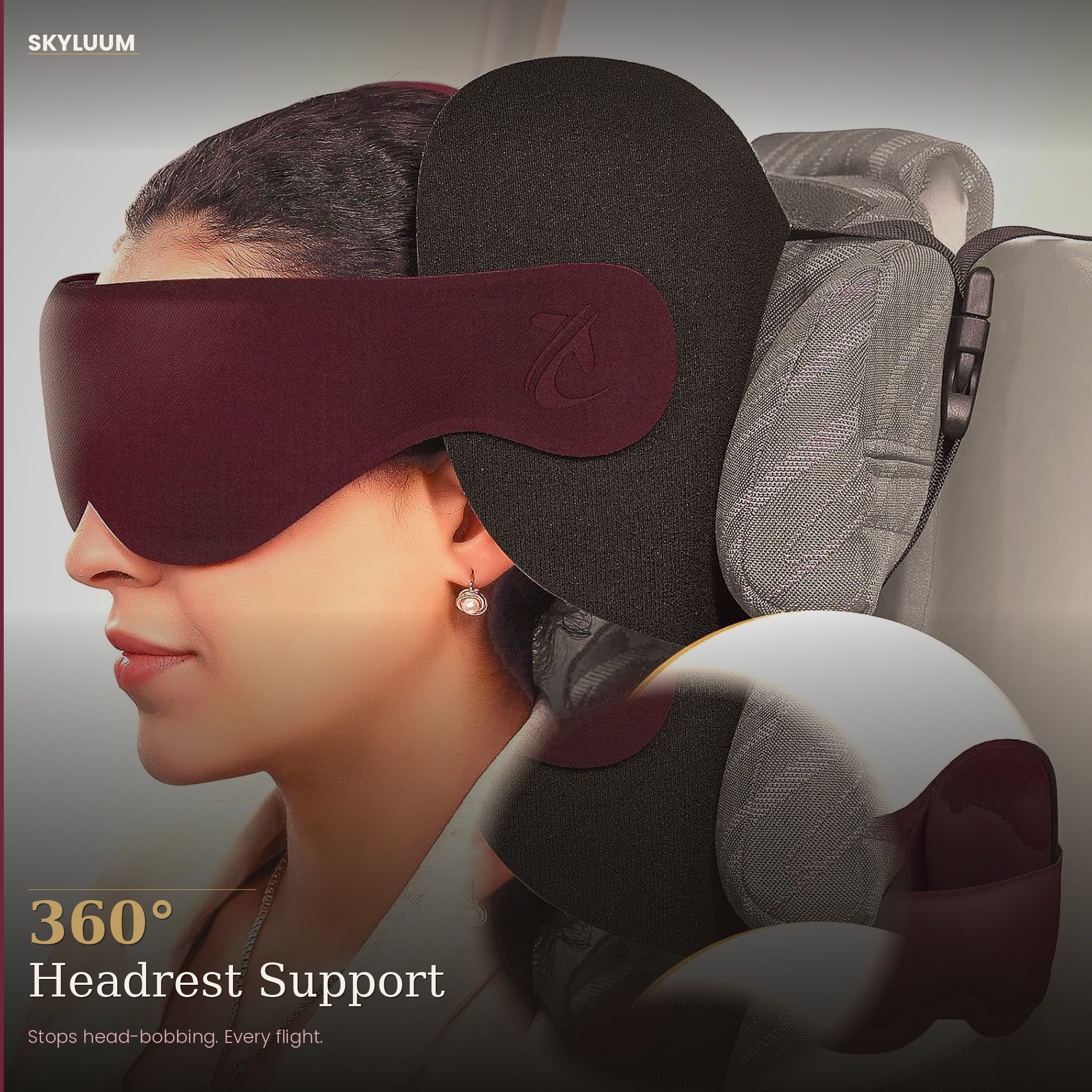 Bordeaux Dusk Skyluum Travel Neck Pillow with 3D Eye Mask  360° Headrest Stop Bobblehead  Long Flights 5+ Hours Car Road Trip