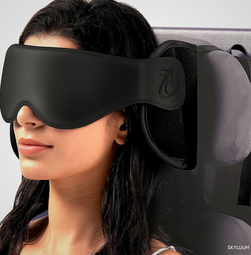 Midnight Black Skyluum Travel Neck Pillow with 3D Eye Mask — 360° Headrest Support, Stop Bobblehead, Long Flights & Road Trips