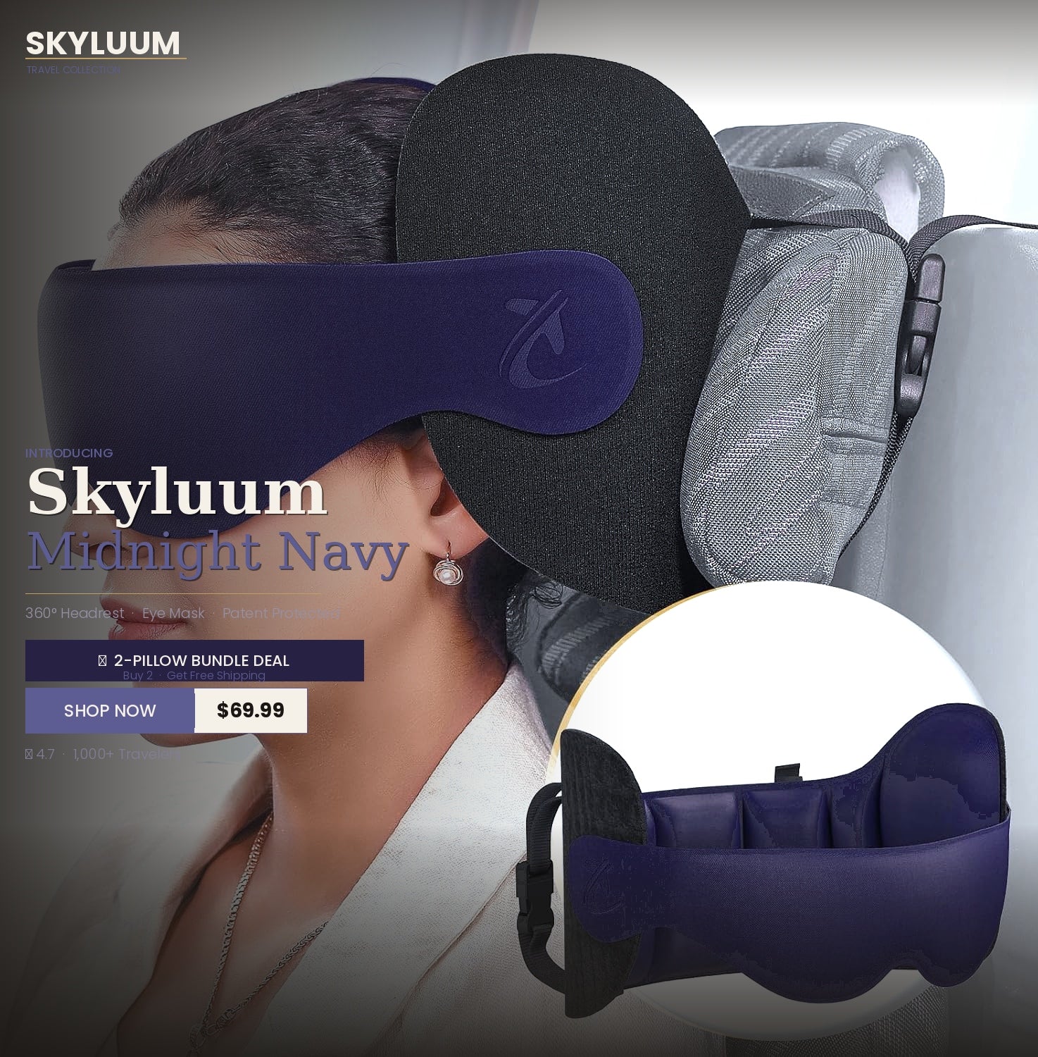 Midnight Navy Skyluum Travel Neck Pillow with 3D Eye Mask — 360° Headrest Support, Stop Bobblehead, Long Flights & Road Trips Skyluum Travel Neck Pillow with 3D Eye Mask — 360° Headrest Support, Stop Bobblehead, Long Flights & Road Trips