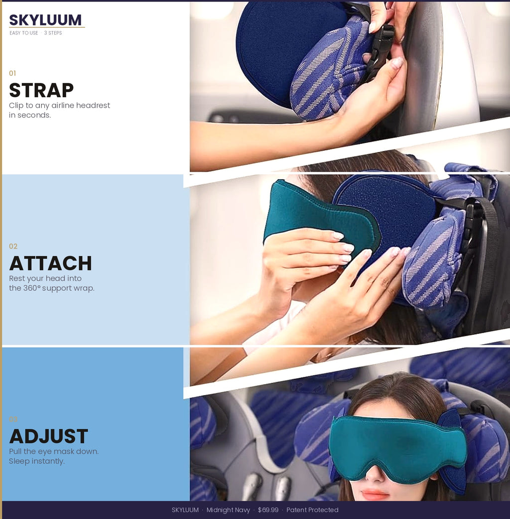 Midnight Navy Skyluum Travel Neck Pillow with 3D Eye Mask — 360° Headrest Support, Stop Bobblehead, Long Flights & Road Trips Skyluum Travel Neck Pillow with 3D Eye Mask — 360° Headrest Support, Stop Bobblehead, Long Flights & Road Trips