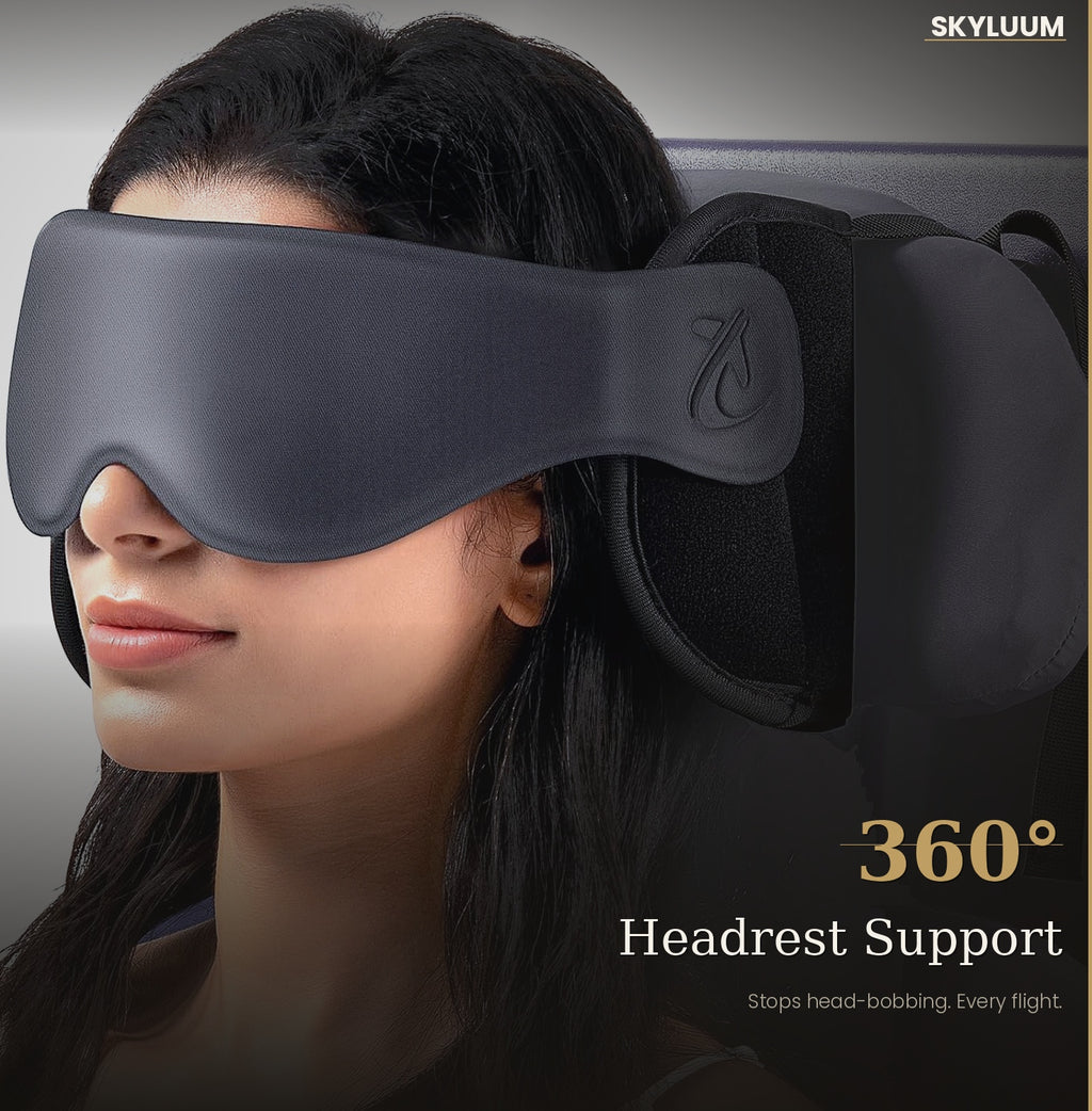 Slate Grey Skyluum Travel Pillow — 360° Headrest + Integrated Eye Mask Stop Bobblehead Long-Haul Flights, Car & Train